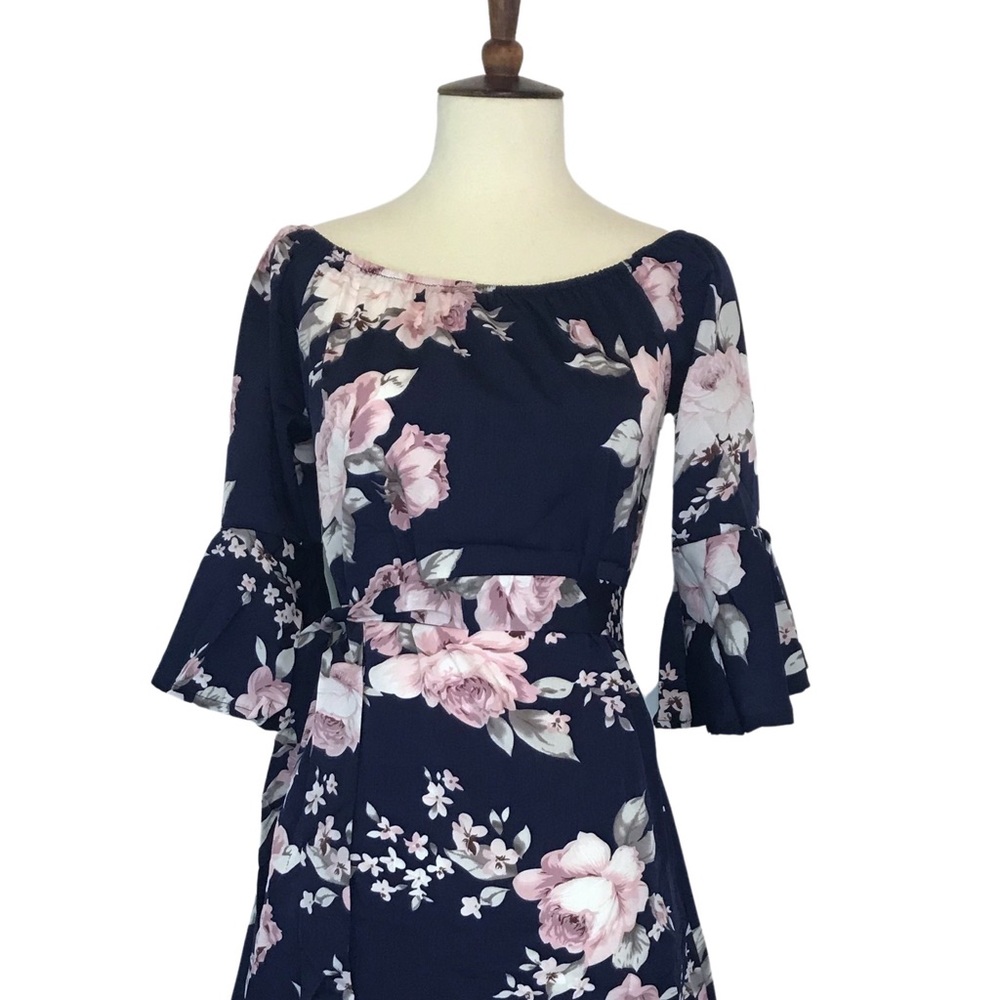 Boho Off Shoulder Navy Floral Chiffon Mini Dress - Picture 8 of 13